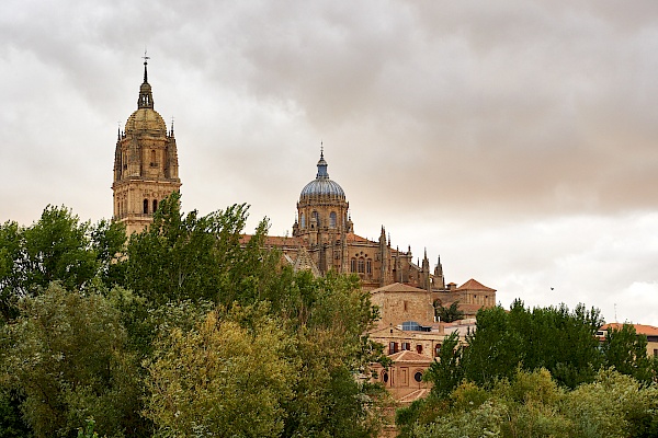 Blick auf die Kathedrale von der Puente Romano in Salamanca