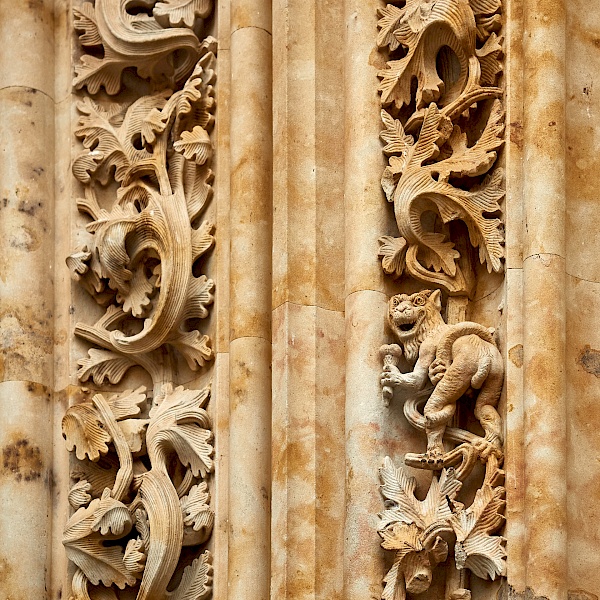 Ein Dämon mit Eis an der Fassade der neuen Kathedrale in Salamanca
