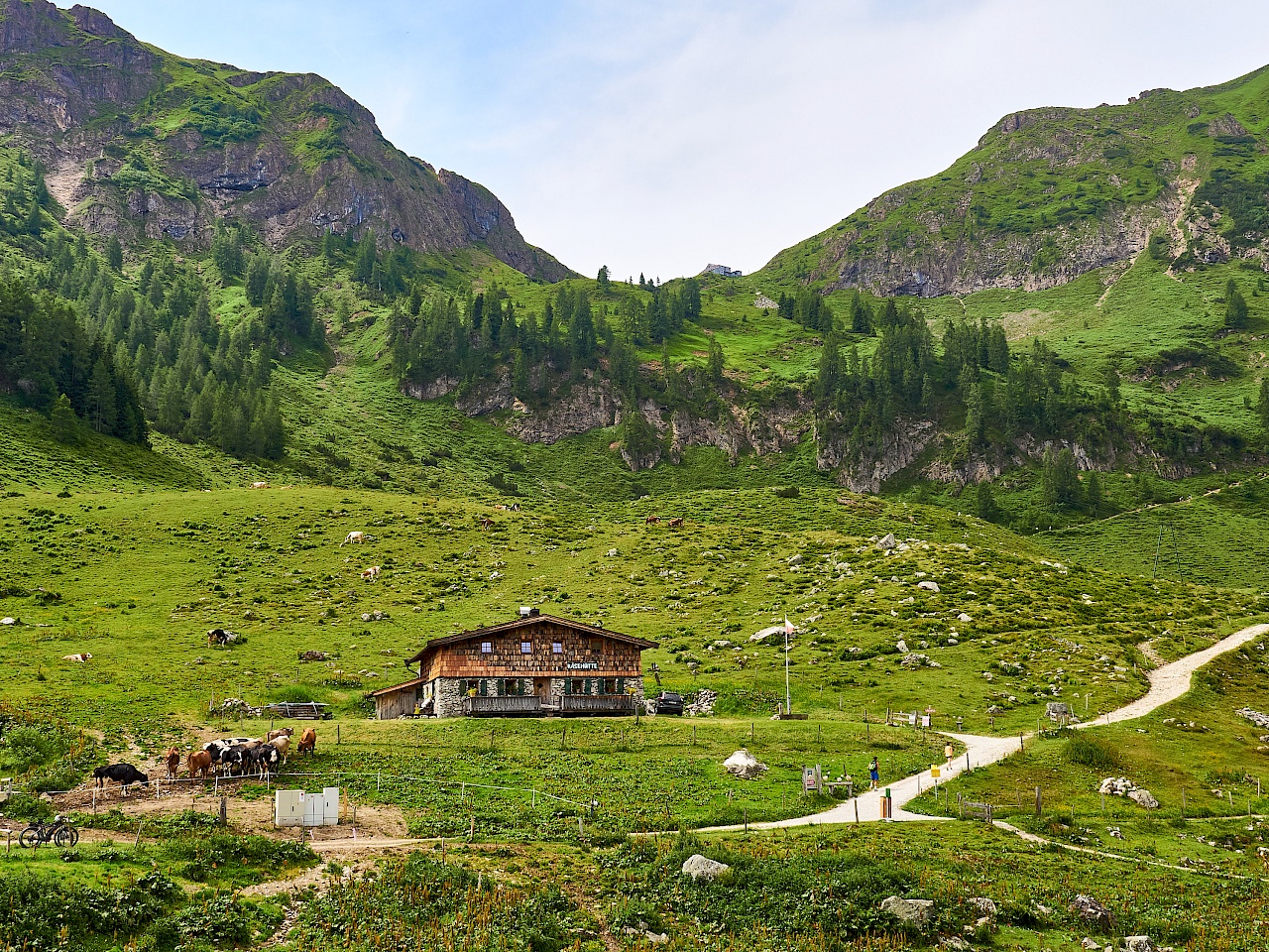 Blick von der Wildalm hoch zum Wildseeloderhaus im Pillerseetal