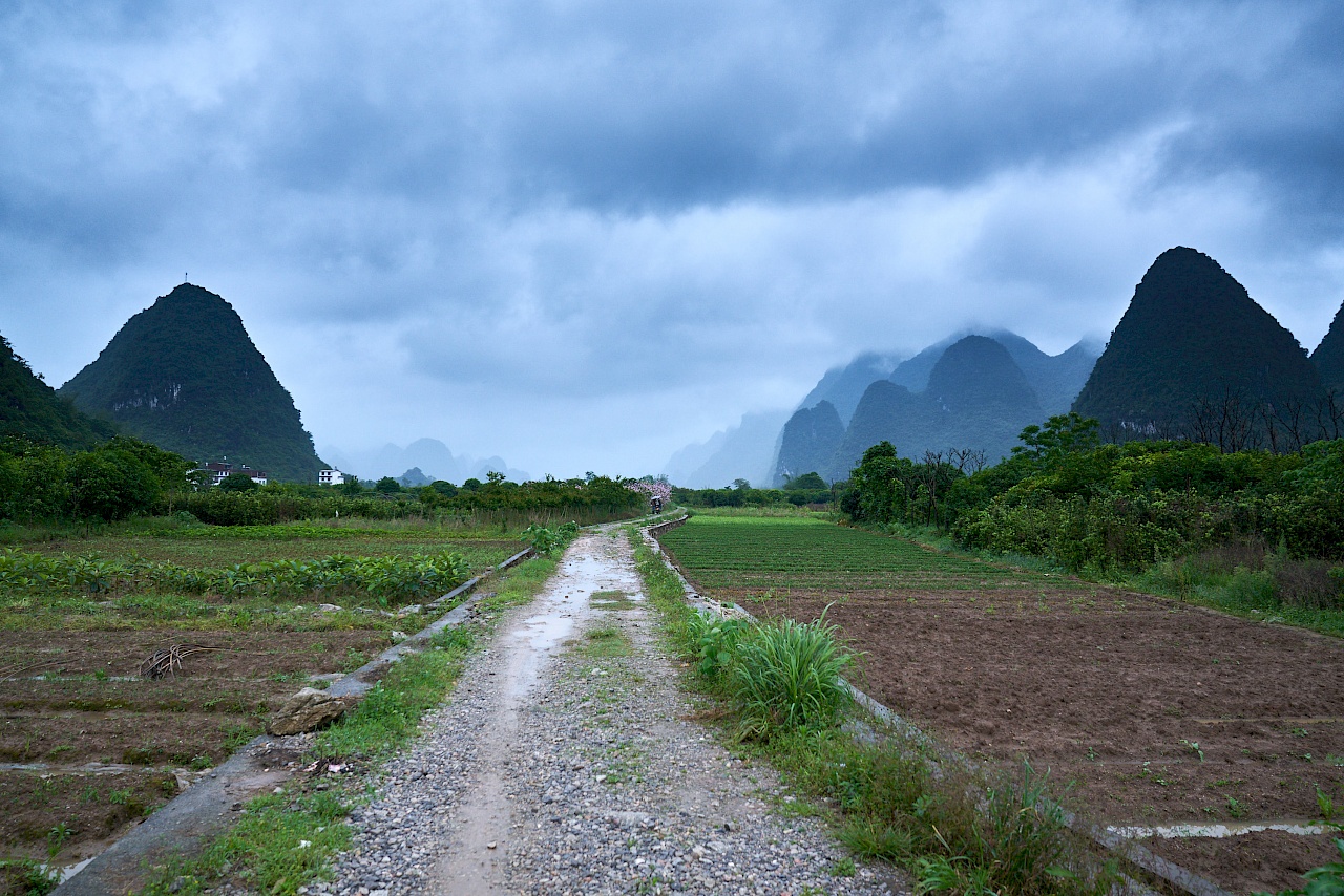 Fahrradfahren auf dem Feldweg in Yangshuo