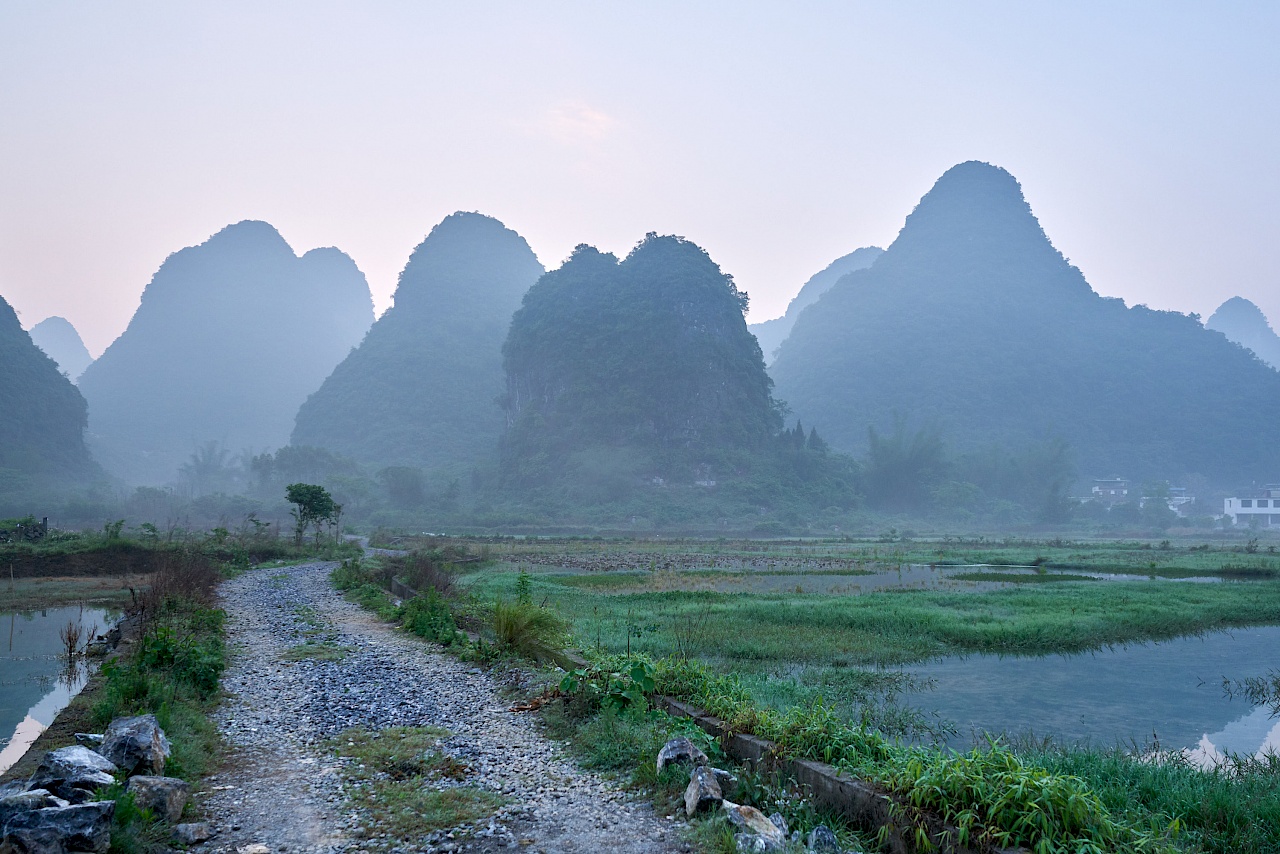 Neblige Felder in Yangshuo am Morgen