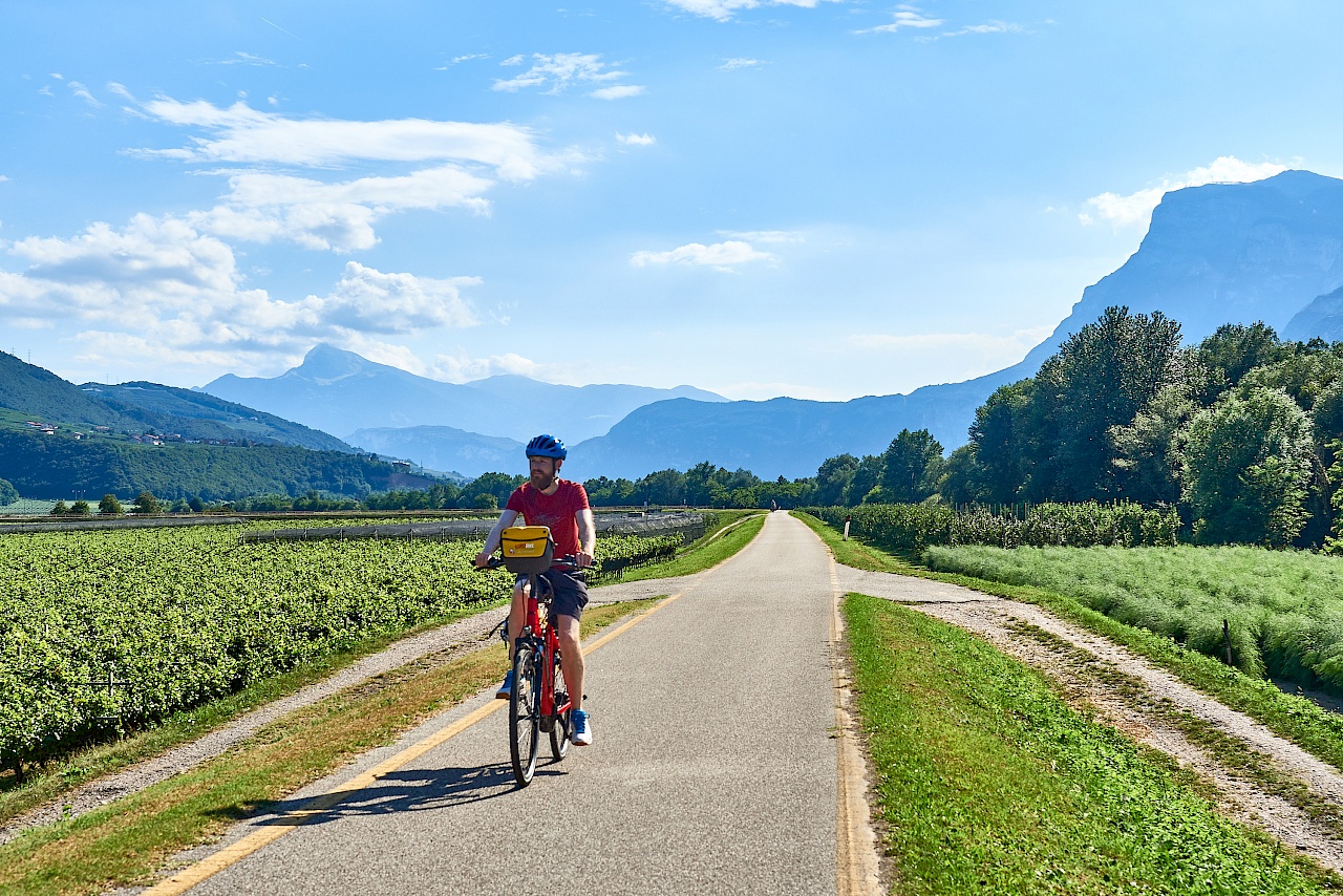 Radweg nach Trient umgeben von Feldern und Bergen