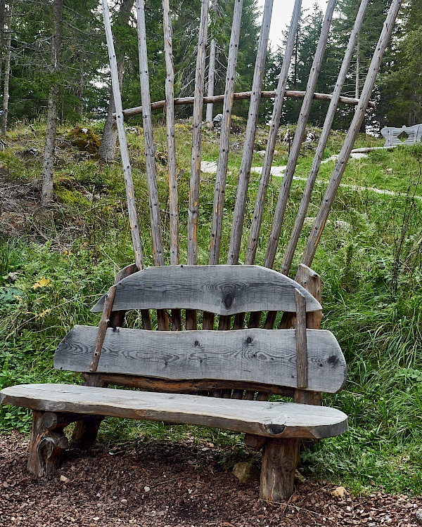 Gestaltete Bänke im Riesenreich auf dem Familienberg Haunold in Innichen (Südtirol)