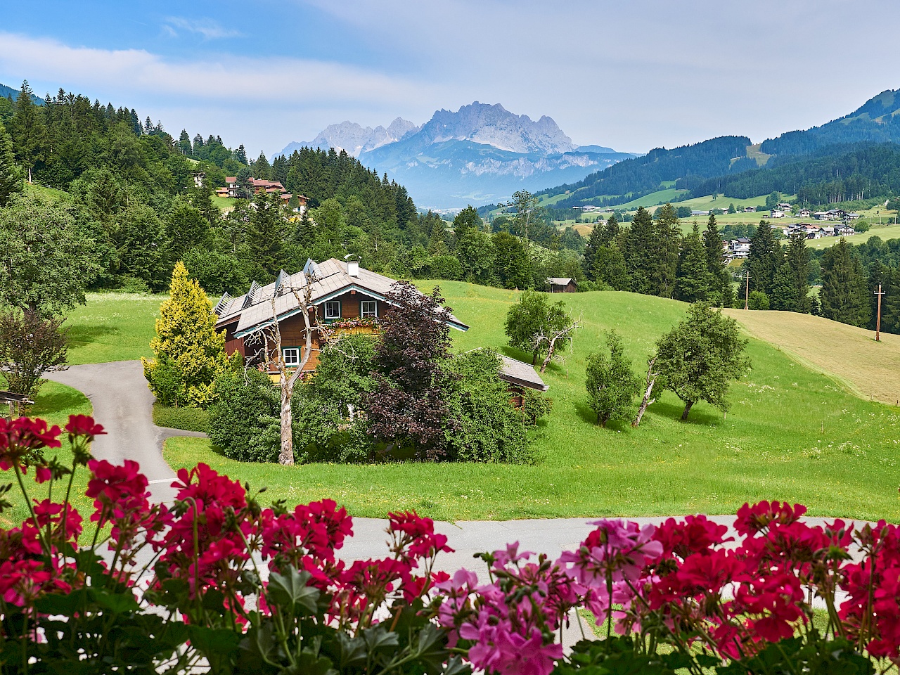 Blick auf den Wilden Kaiser von unserem Balkon im Hotel Grosslehen im PillerseeTal